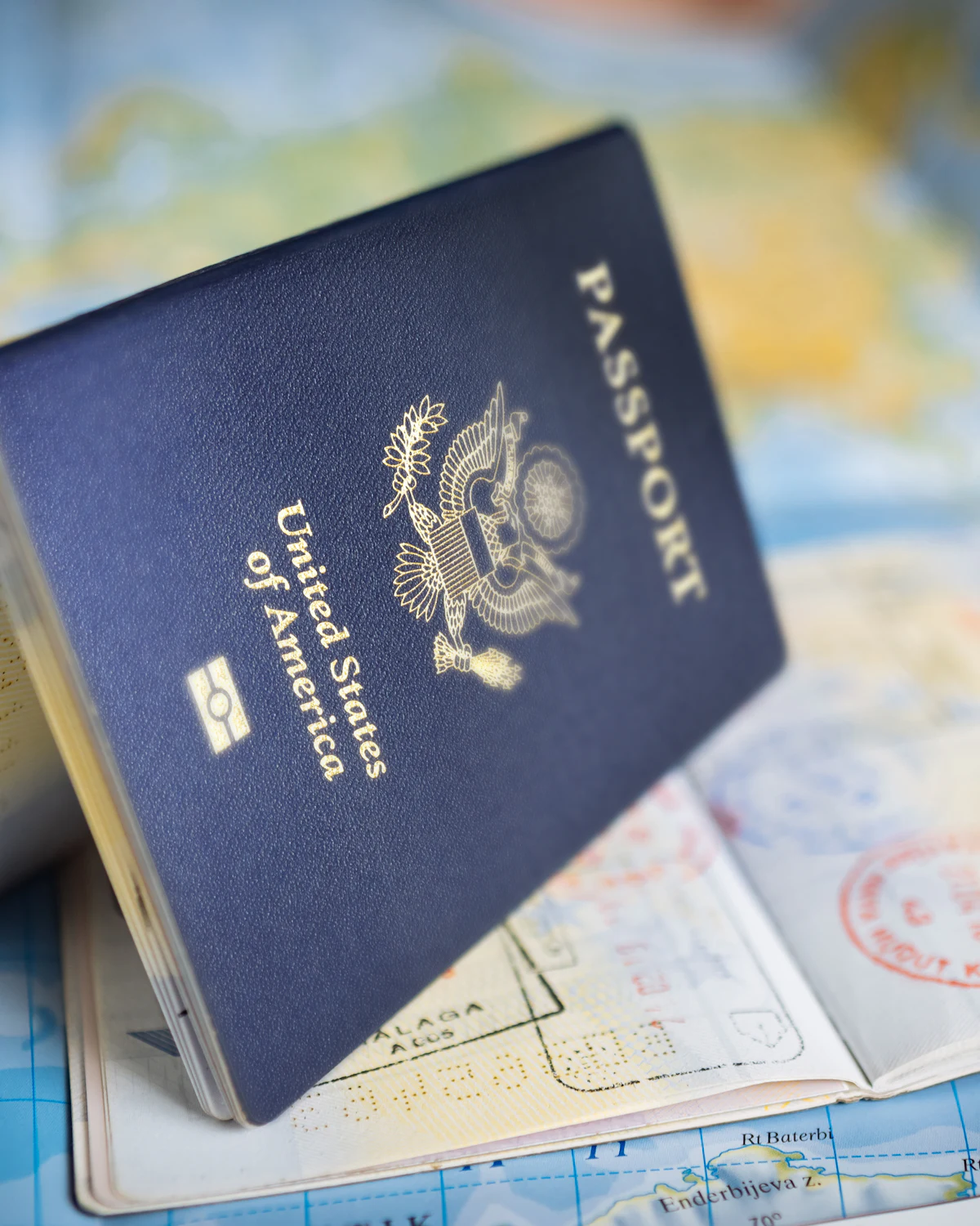 United States passport on a map